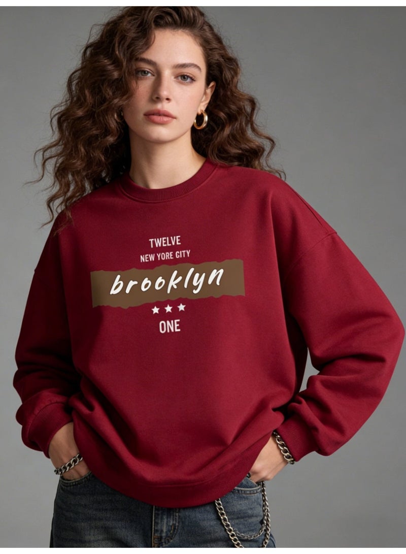 بيإم إنس BM INS Burgundy "brooklyn" Retro Letter Oversized Crew Neck Sweatshirt | Unisex Pullover With "NEW YORK CITY" Slogan - Image 1